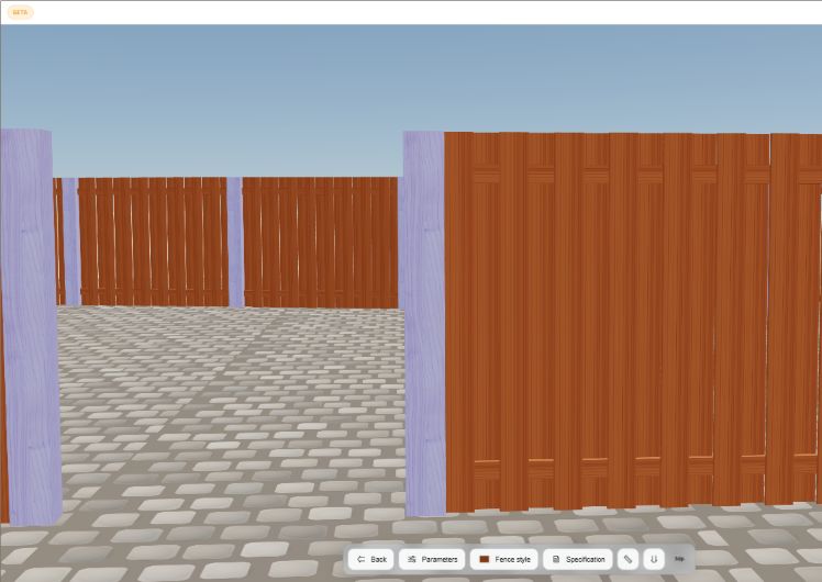 Fence calculator 3D view — selected fence post highlighted in blue with fence sections visible