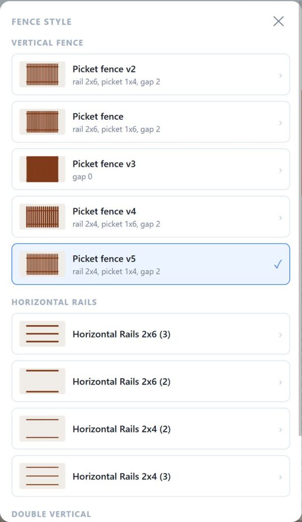 Fence calculator fence style selection — vertical picket fence variants and horizontal rails options