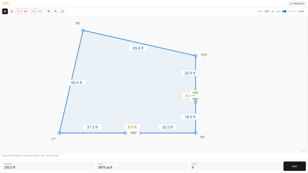 Fence calculator lot editor — irregular lot shape with 8 points, perimeter 233 ft and area 3675 sq ft