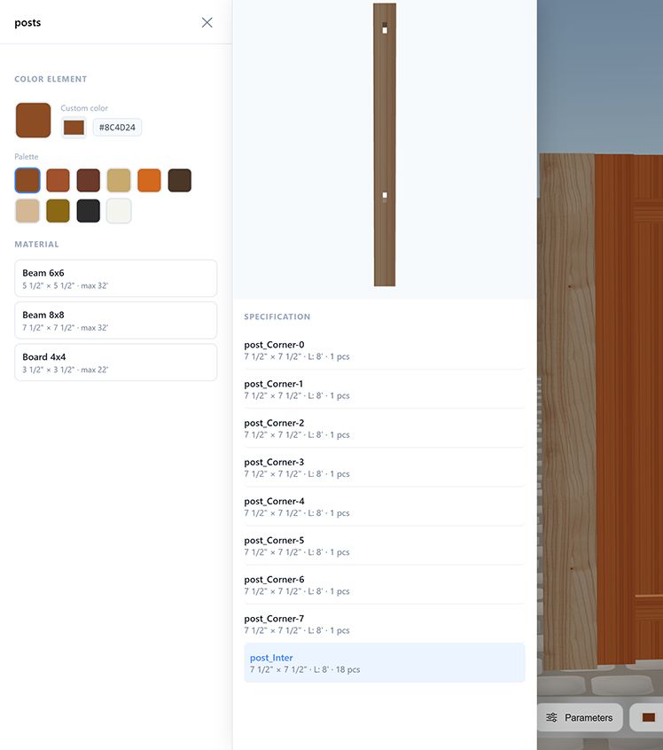 Fence calculator post editor — color picker, material selection and post specification with dimensions and quantities