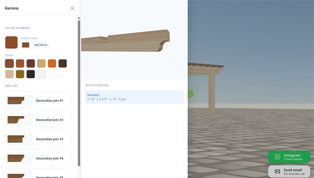 Pergola calculator element editor — color picker, decorative end cuts and specification for harness beam