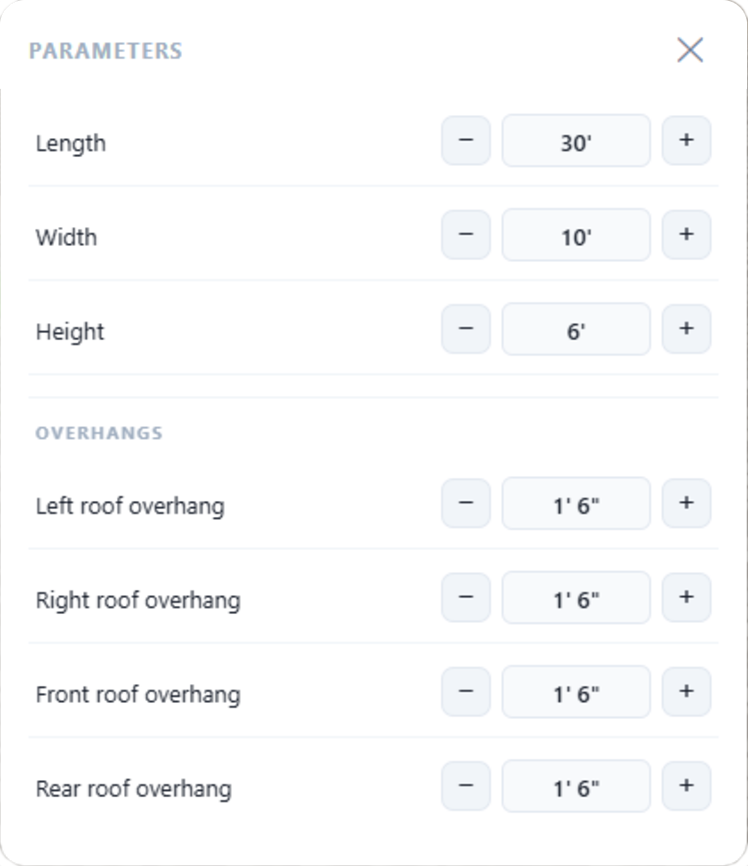 Pergola calculator parameters panel — set length, width, height and roof overhangs