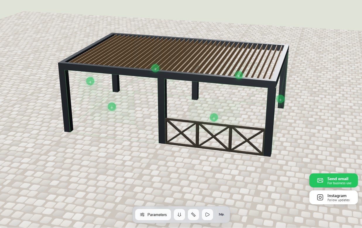 Bioclimatic pergola 3D model with a decorative filler panel installed between two posts