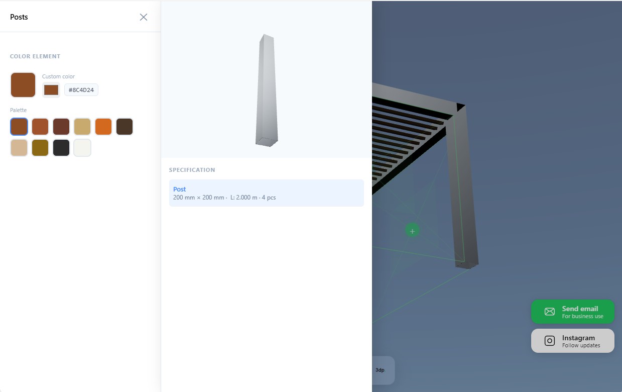 Element editor of the louvered pergola configurator with a 3D preview of the selected board and its options